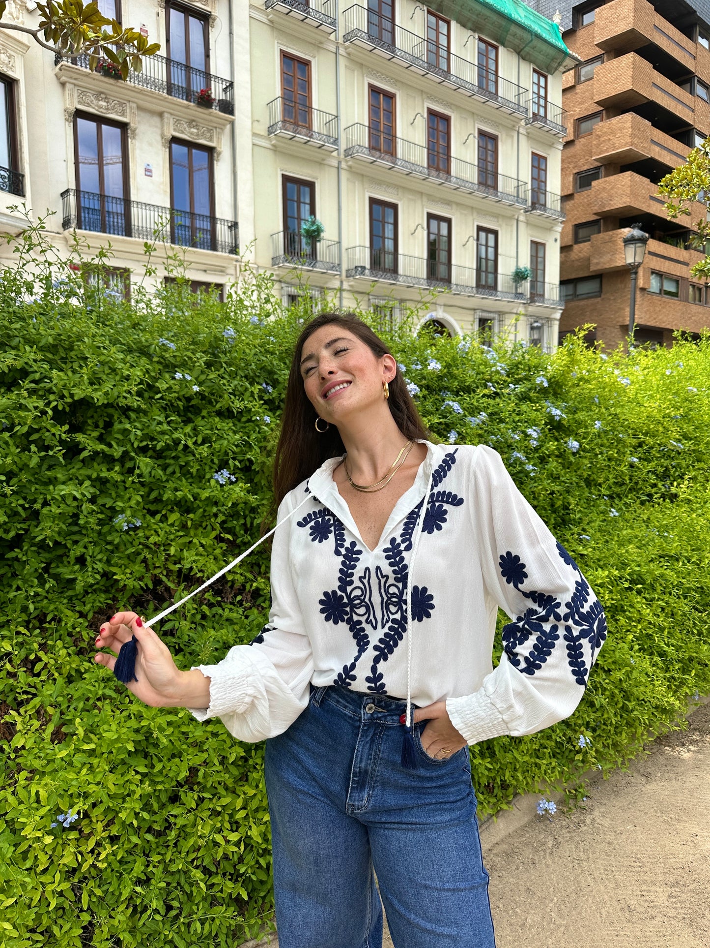 Navy Blue Sea Embroidered Blouse