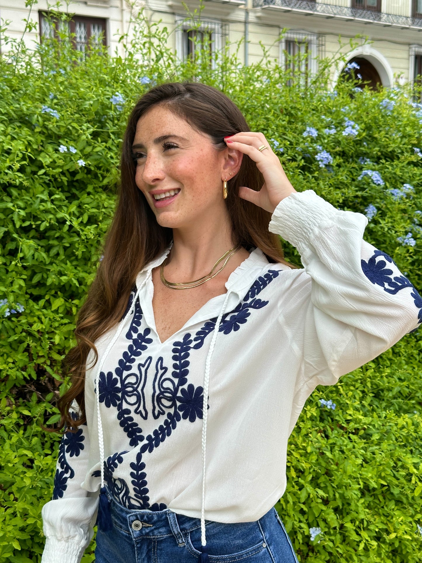 Navy Blue Sea Embroidered Blouse