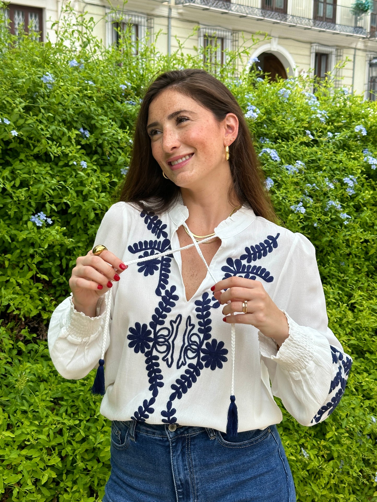 Navy Blue Sea Embroidered Blouse