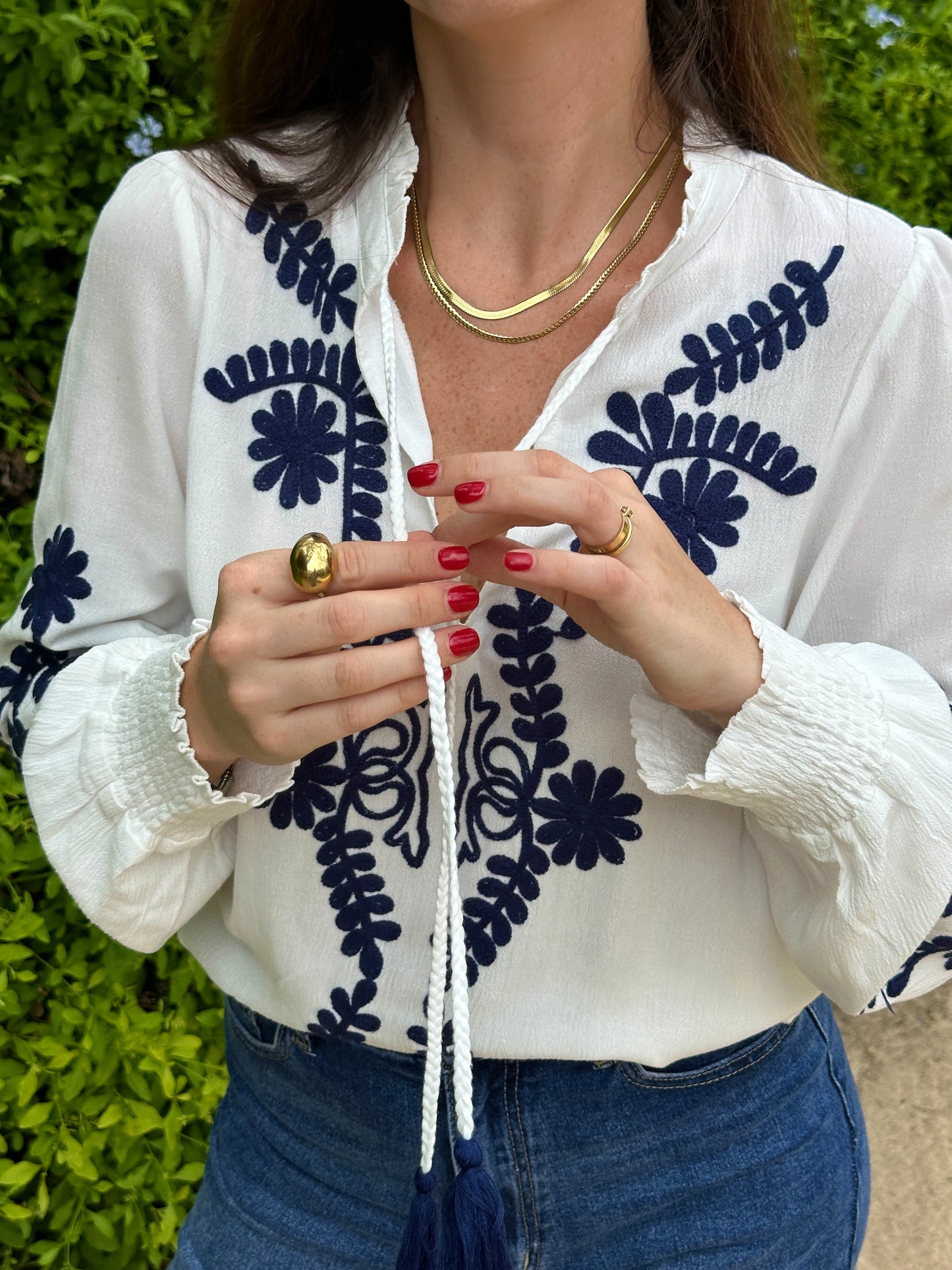 Navy Blue Sea Embroidered Blouse