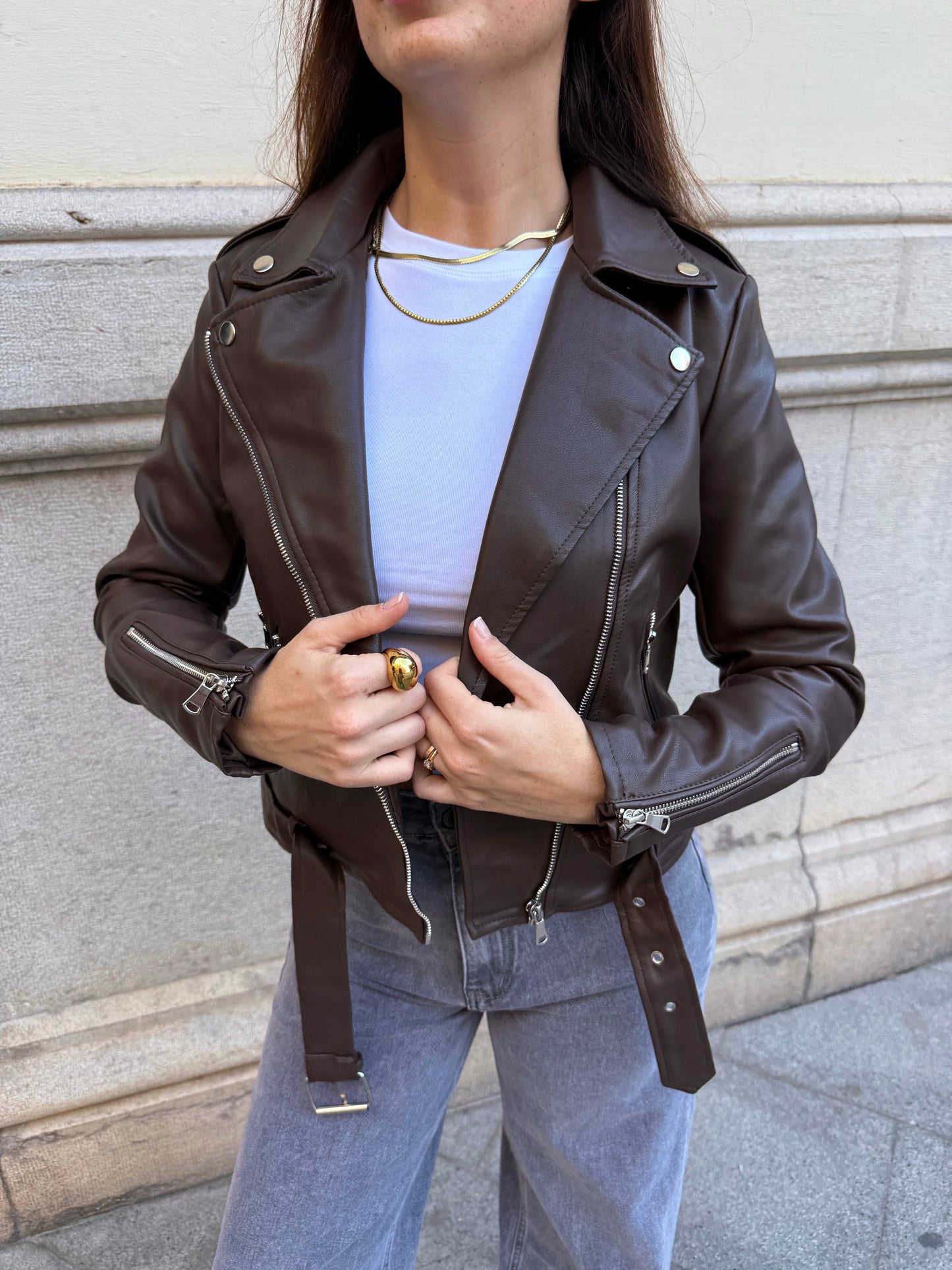 Sabrina Chocolate Leather Effect Biker Jacket