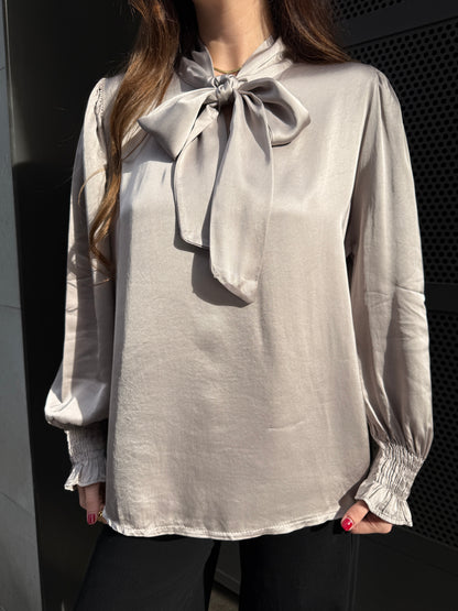 Vicen Taupe Satin Bow Blouse