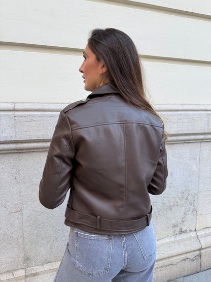 Sabrina Chocolate Leather Effect Biker Jacket