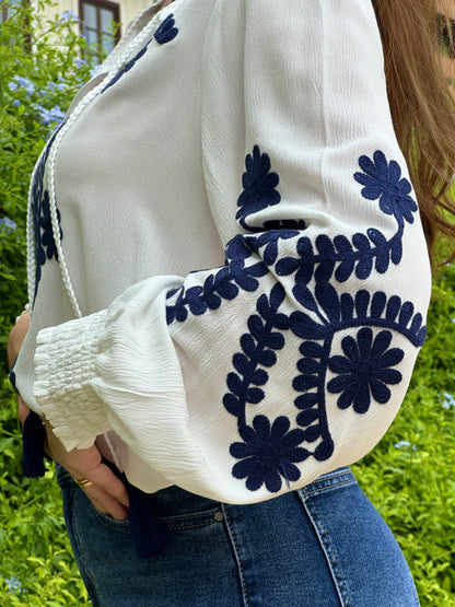 Navy Blue Sea Embroidered Blouse