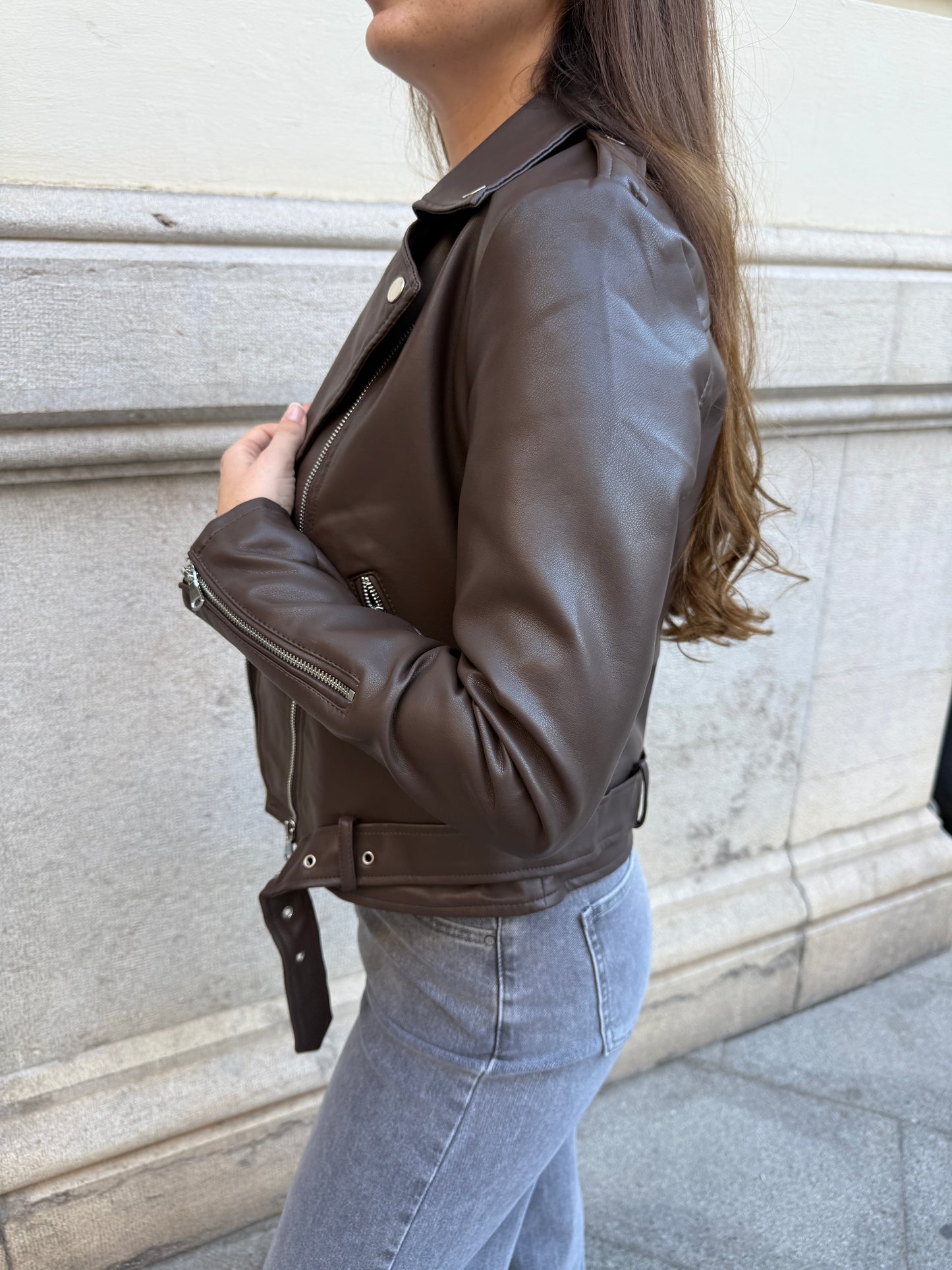 Sabrina Chocolate Leather Effect Biker Jacket