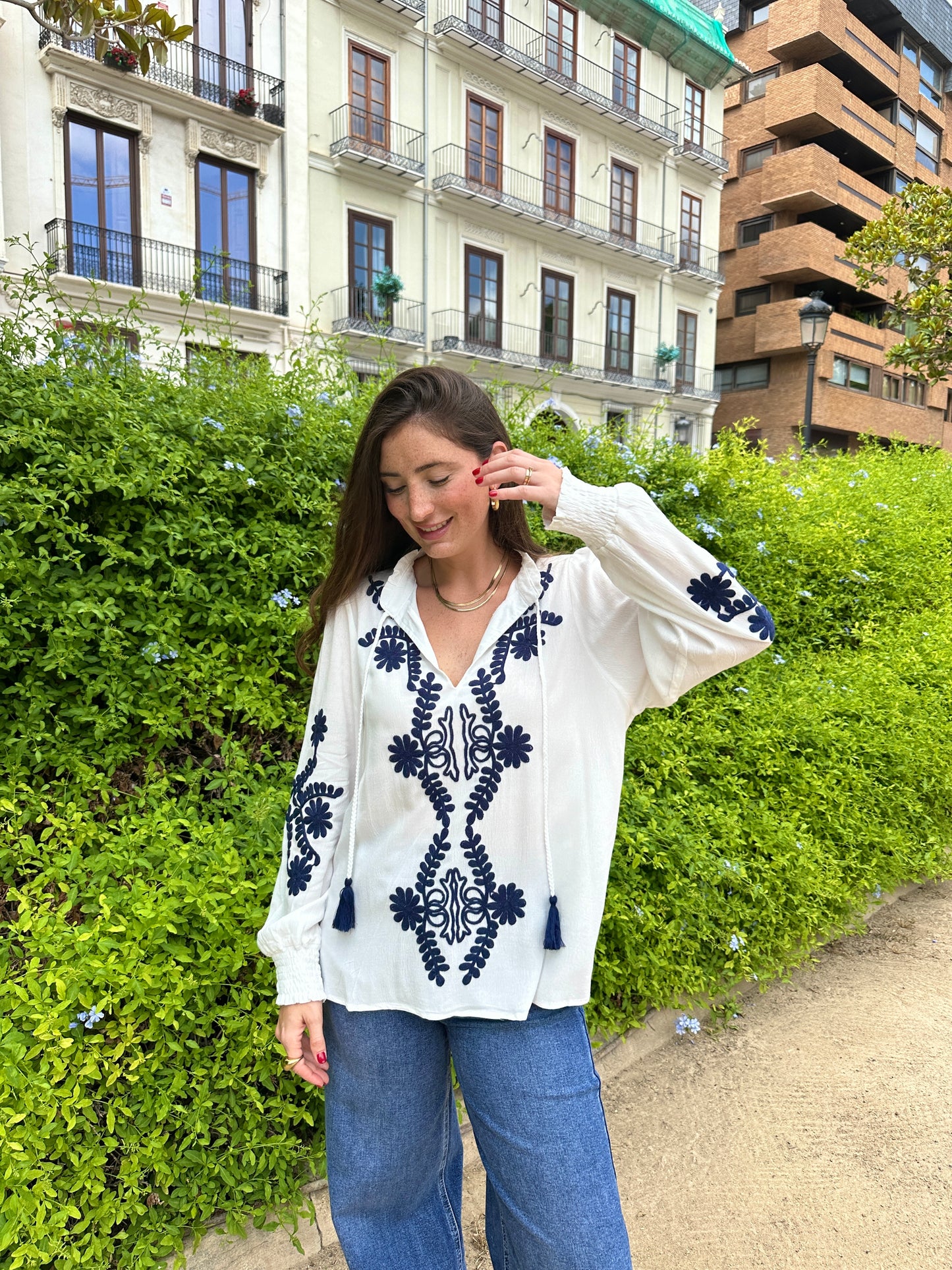 Navy Blue Sea Embroidered Blouse