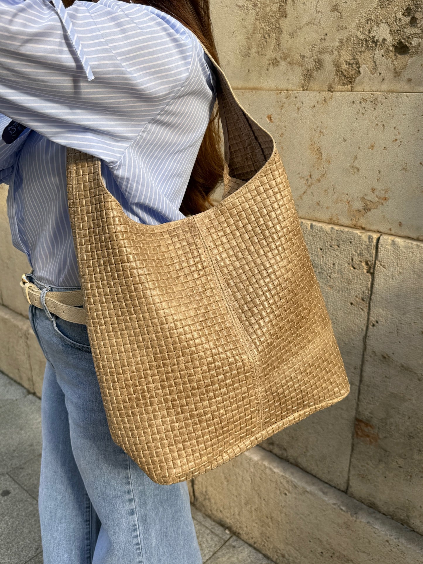 Bolso piel cuadros beige