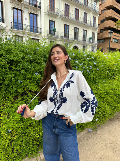 Navy Blue Sea Embroidered Blouse