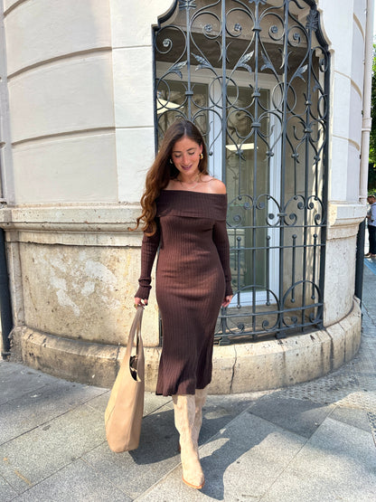 Alexandra Chocolate Knit Bardot Dress