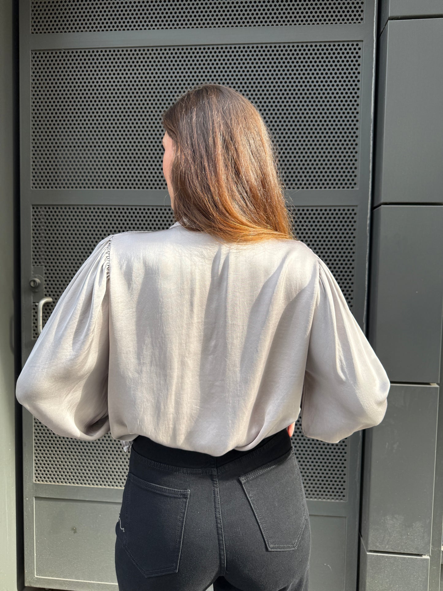 Vicen Taupe Satin Bow Blouse