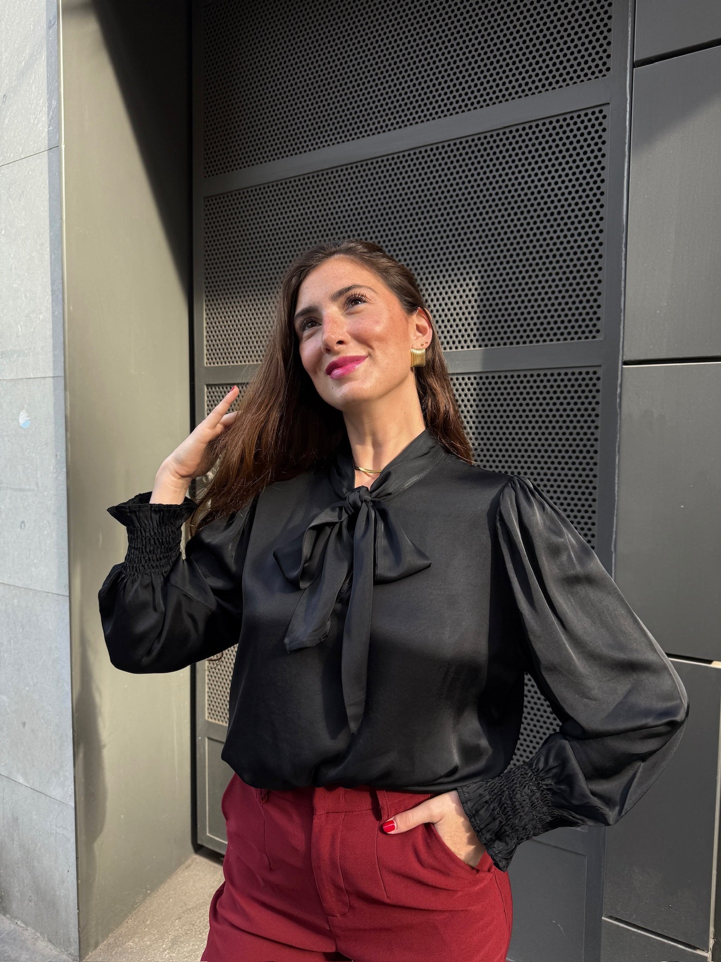 Vicen Black Satin Bow Blouse