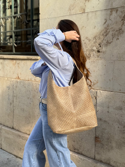 Bolso piel cuadros beige