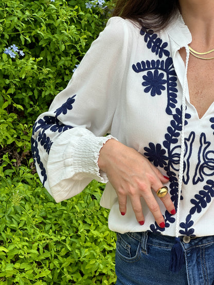 Navy Blue Sea Embroidered Blouse