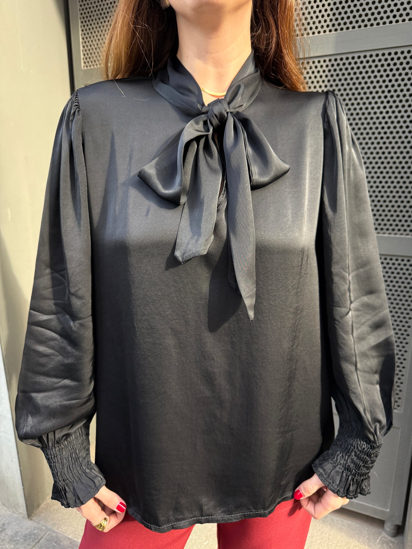 Vicen Black Satin Bow Blouse