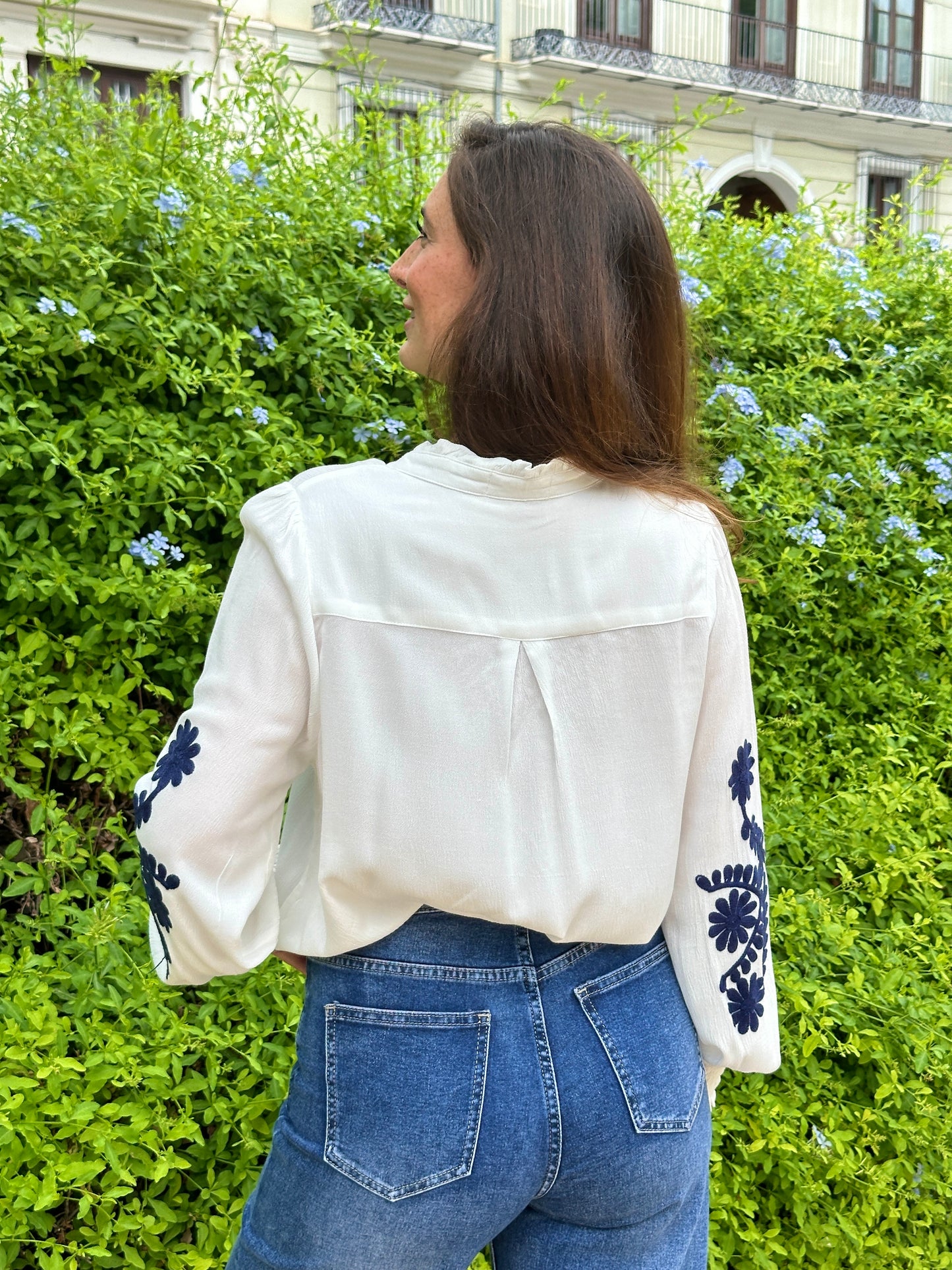 Navy Blue Sea Embroidered Blouse