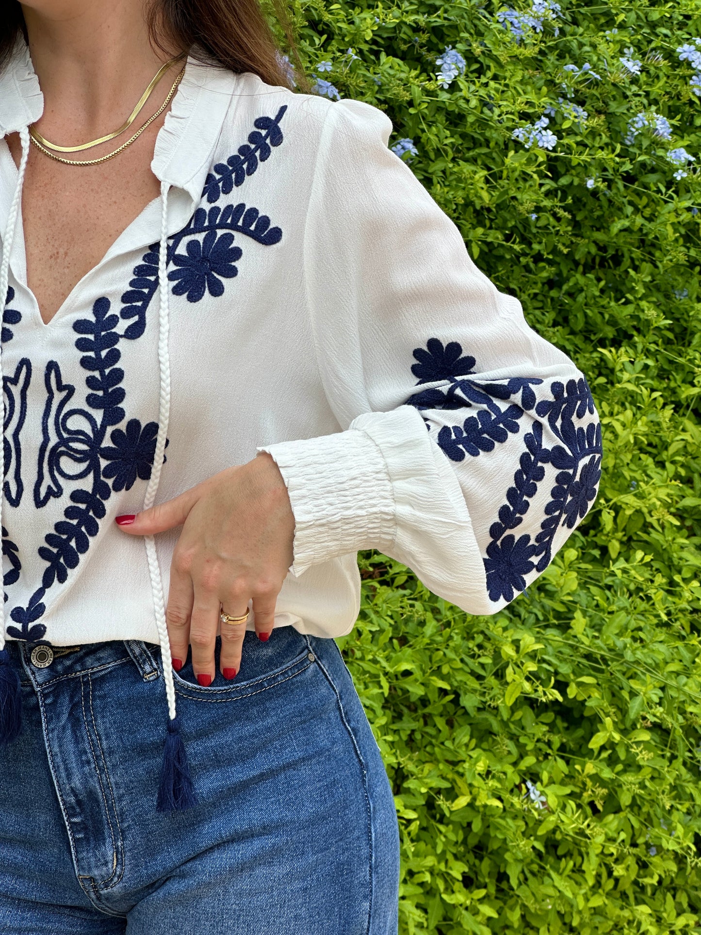 Navy Blue Sea Embroidered Blouse