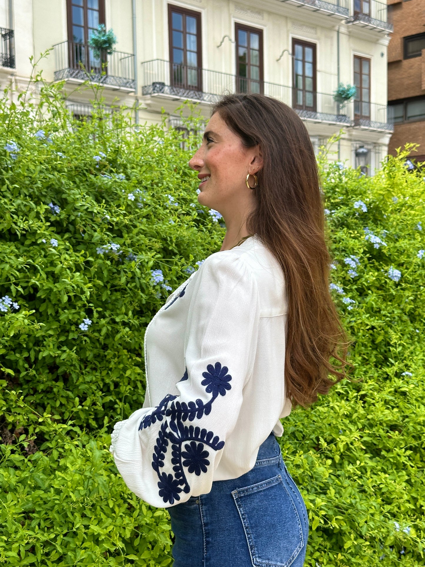 Navy Blue Sea Embroidered Blouse